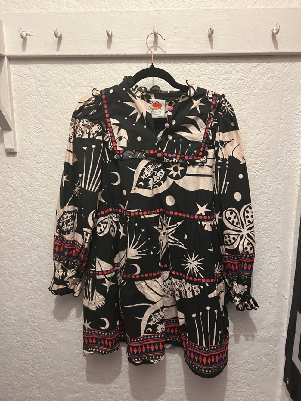 Boho Celestial Print Babydoll Dress with Red Trim